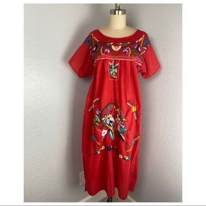 Vintage Red Cotton Embroidered Parrot Floral Dress